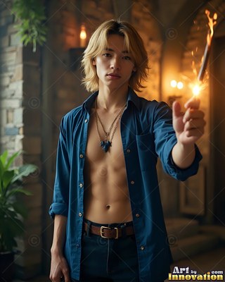 Facing forward in a stone hall, a young blond man points a lit wand