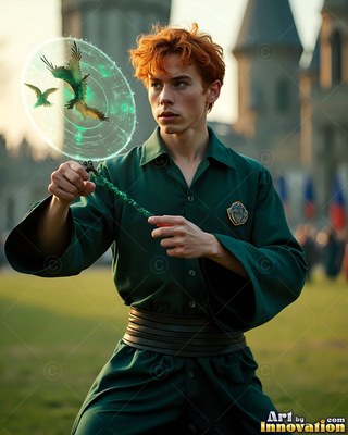 A red-haired young man in green robes casts a spell with flying birds outside a castle