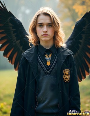 In an open field, a blond young man wears school robes with black feathered wings behind him