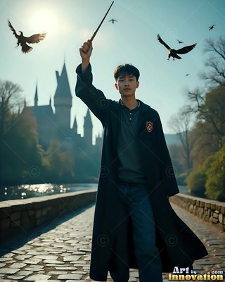 Raising a wand, a young man in black robes stands on a stone bridge as ravens fly