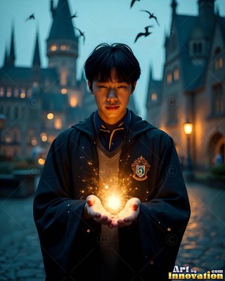 Young man in dark wizard robes holding bright sparks outside a castle