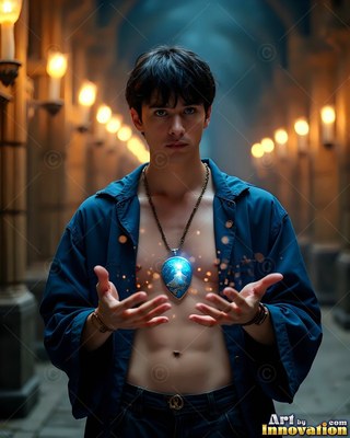 In a candlelit hallway, a young man in an open blue shirt holds his hands out by a bright pendant