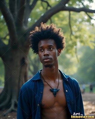 A young Black man stands outdoors under a tree, his open blue uniform shirt catching the soft sunlight
