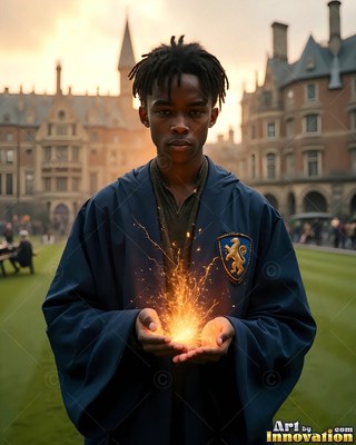Facing forward in a courtyard, a young man cups bright sparks in his hands