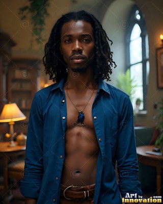 In a sunlit stone room, a Black man wears an open blue button-up shirt and a bird necklace