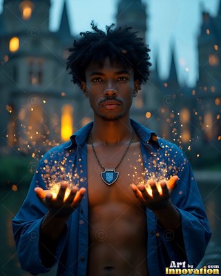Holding bright sparks in his open hands, a young man stands by a castle