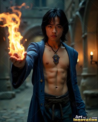 A young man in an open blue robe holds fire in his hand
