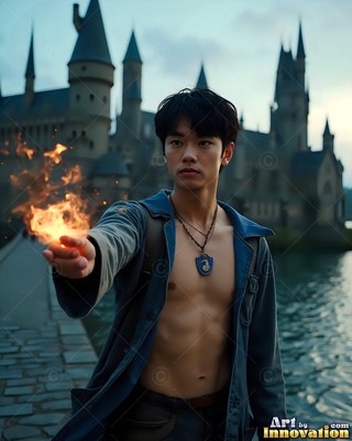 Wearing a bright blue coat, a shirtless young man carries fire outside a castle lake