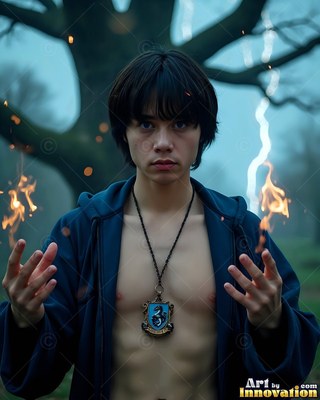 A young man grips small flames in his hands before pale lightning in the dusky trees