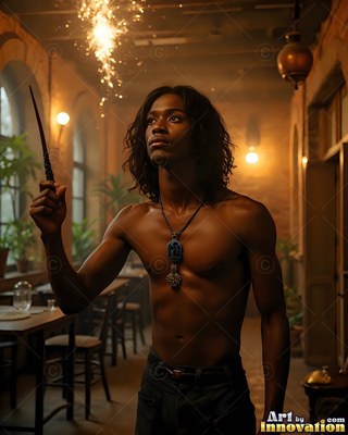 Standing shirtless in a warm hall, a young man raises a wand toward bright sparks