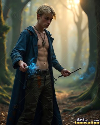 In a misty forest, a shirtless young man in a blue coat casts blue sparks from a wand