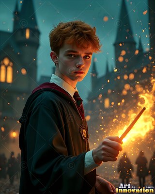 Holding a burning wand, a young man in dark robes stands before a castle courtyard
