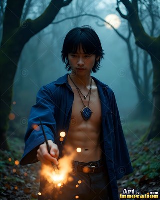 A man in a bright blue uniform shirt holds a sparkler in a foggy forest