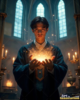 Dark robes drape over a young man holding bright sparks in his hands inside a stone hall