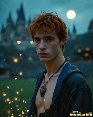 A red-haired man looks forward under a round white moon near a dark castle