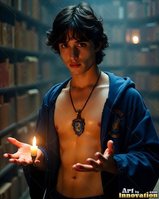 Facing forward in a dim library, a young man carries a small candle in his open hand