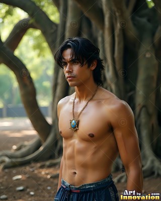A shirtless man with dark hair stands outside by a large tree wearing a blue necklace