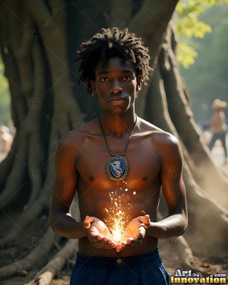 In a sunlit forest, a shirtless young man carries bright sparks in his cupped hands