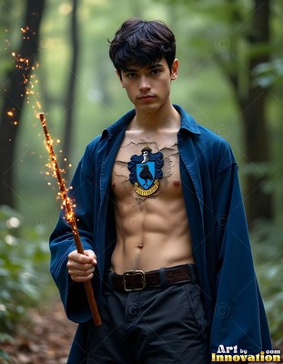 Holding a sparking wand, a young man poses standing bare-chested in a bright blue robe in the woods