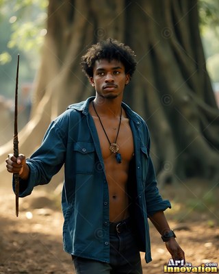 Young man in a bright blue uniform shirt holding a wooden wand outdoors