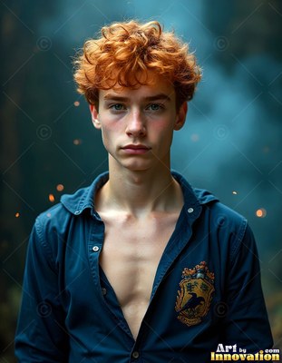 Curly red hair frames the young man in an unbuttoned blue shirt outdoors at dusk