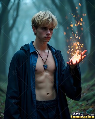 A blond man raises sparks from his hand in a misty forest filled with warm orange light