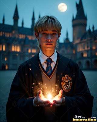 Facing forward at a castle courtyard, a young man clasps bright light in his hands
