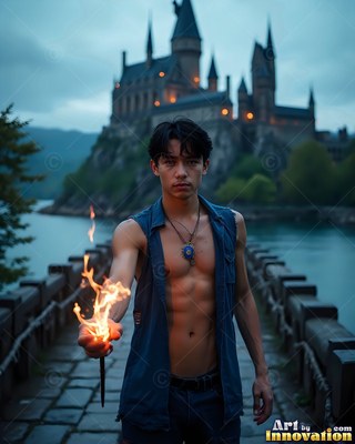 A shirtless young man clasps a burning wand on a stone bridge near a castle