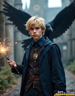 In a foggy courtyard, a blond young man grips a sparking wand before a raven