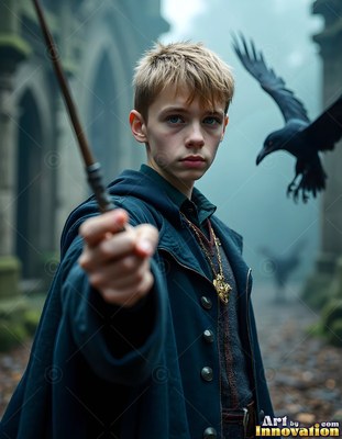 Holding a wooden wand forward, a young blond man stands as a raven flies behind him