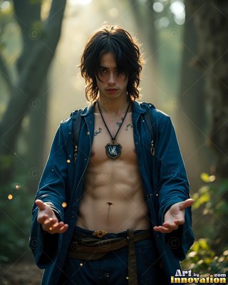 A shirtless young man has in his hands his hands open in a misty forest