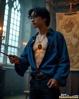 Wearing an unbuttoned blue dress shirt, a young man grips a wand inside a tall stone castle room