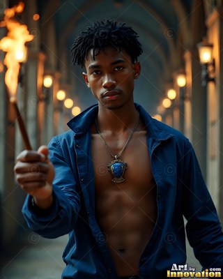 A young man grips a flaming torch forward in a blue coat under warm lanterns