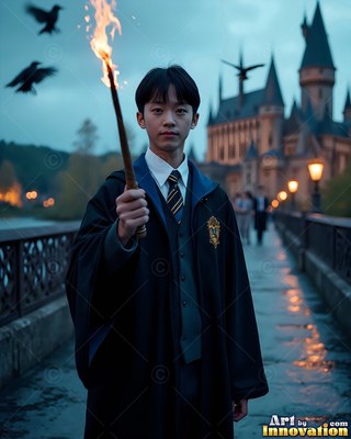 Facing forward on a castle bridge, a young man carries a lit wand in dark robes