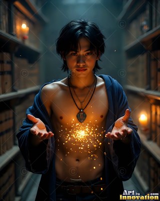 A bare-chested young man has in his hands sparkling yellow light in a dark library aisle