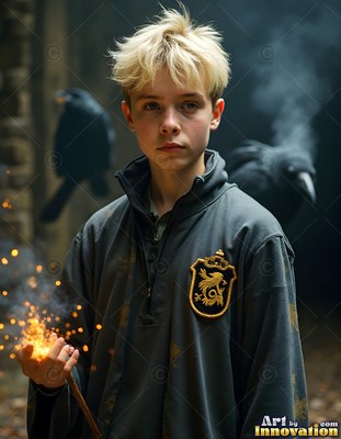 In a dark castle, a young blond man holds a wand throwing orange sparks near ravens