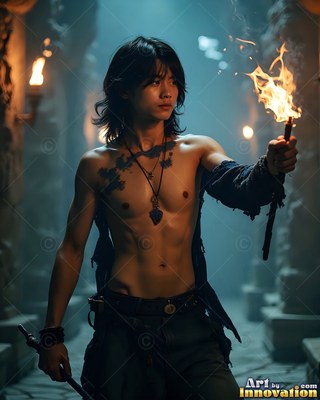 Holding a burning torch, a shirtless young man stands in a dark stone hallway