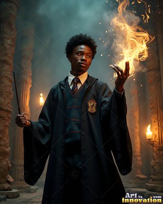 Young man in black robes holds bright flames in his hand