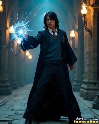 In round glasses, a young man casts bright blue sparks down a stone corridor with lanterns