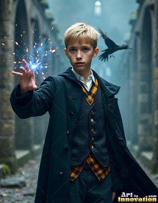 A young man casts bright blue sparks from his hand beside a flying black raven in a courtyard