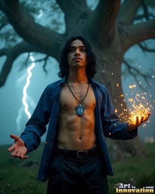 Standing by a bare tree, a man in an open shirt holds fire sparks in his hand