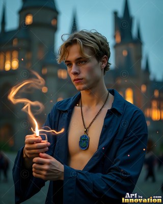 A young blond man in an open blue button-up shirt flicks a lighter outside a castle