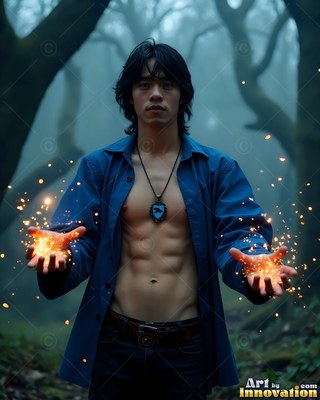 In a misty forest, a bare-chested man in an unbuttoned blue collared shirt holds sparks in his hands
