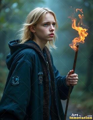 Holding a burning torch, a young blond man in a dark jacket stands in foggy woods