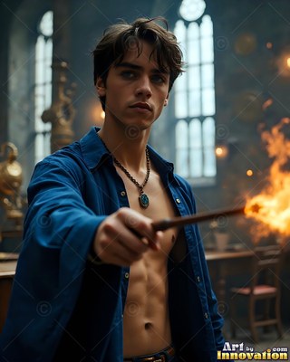 Young man in a pale blue shirt pointing a flaming wand