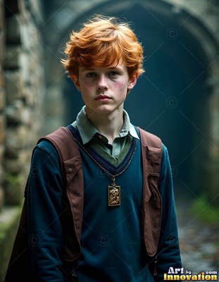 Red hair falls over the forehead of a young man wearing a school sweater in a stone hall