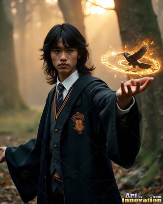 A young man holds out a small bird hovering in a fiery circle under warm woodland sunlight