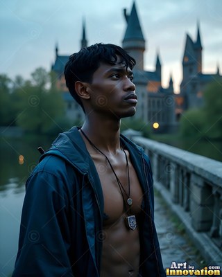 A bare-chested man stands on a stone bridge before a castle at dusk