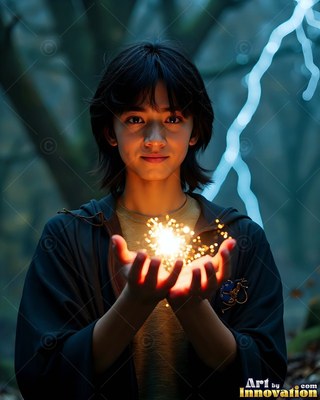 A young man in a dark robe holds bright sparks in his hands outside at dusk