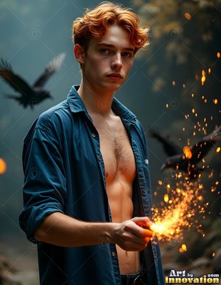 In the dark woods, a red-haired man holds sparks beside flying ravens